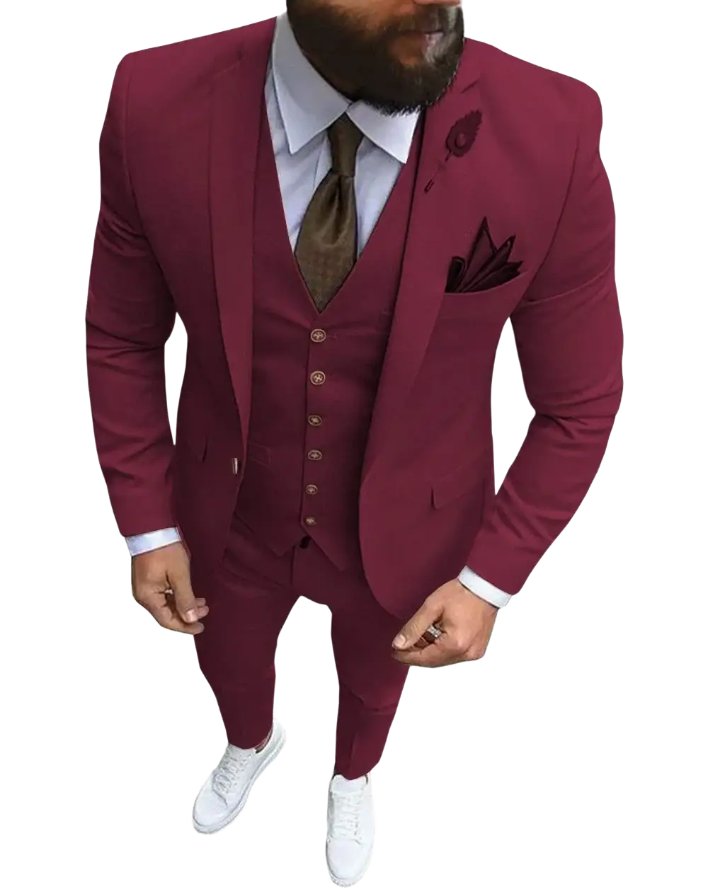 Men slim fit 3-piece wedding suit in maroon with matching vest and trousers featuring tailored fit and subtle buttons