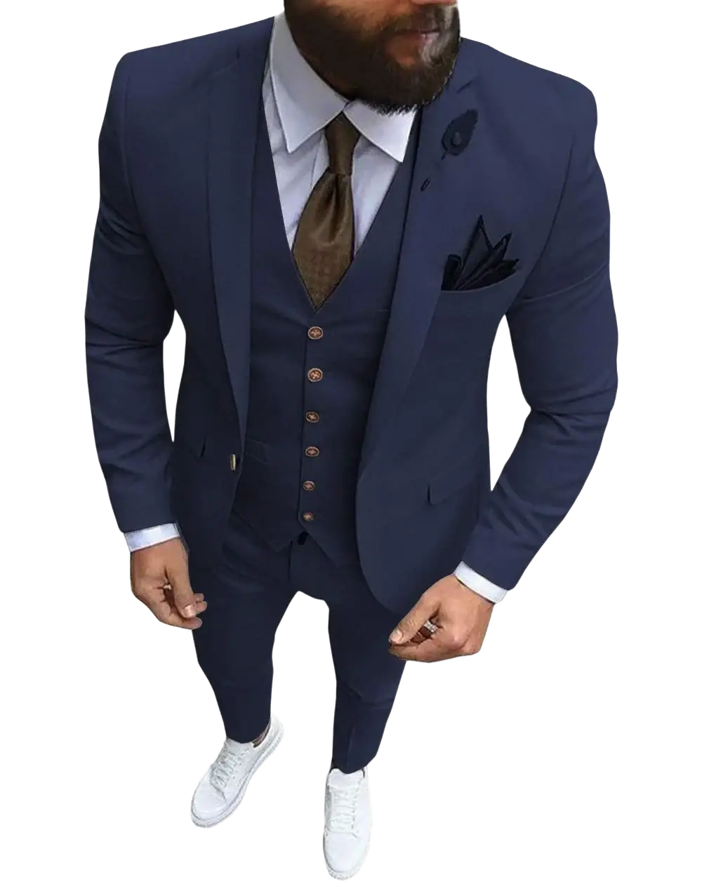 Men slim fit 3-piece wedding suit in navy blue textured fabric with matching vest and gold-toned buttons