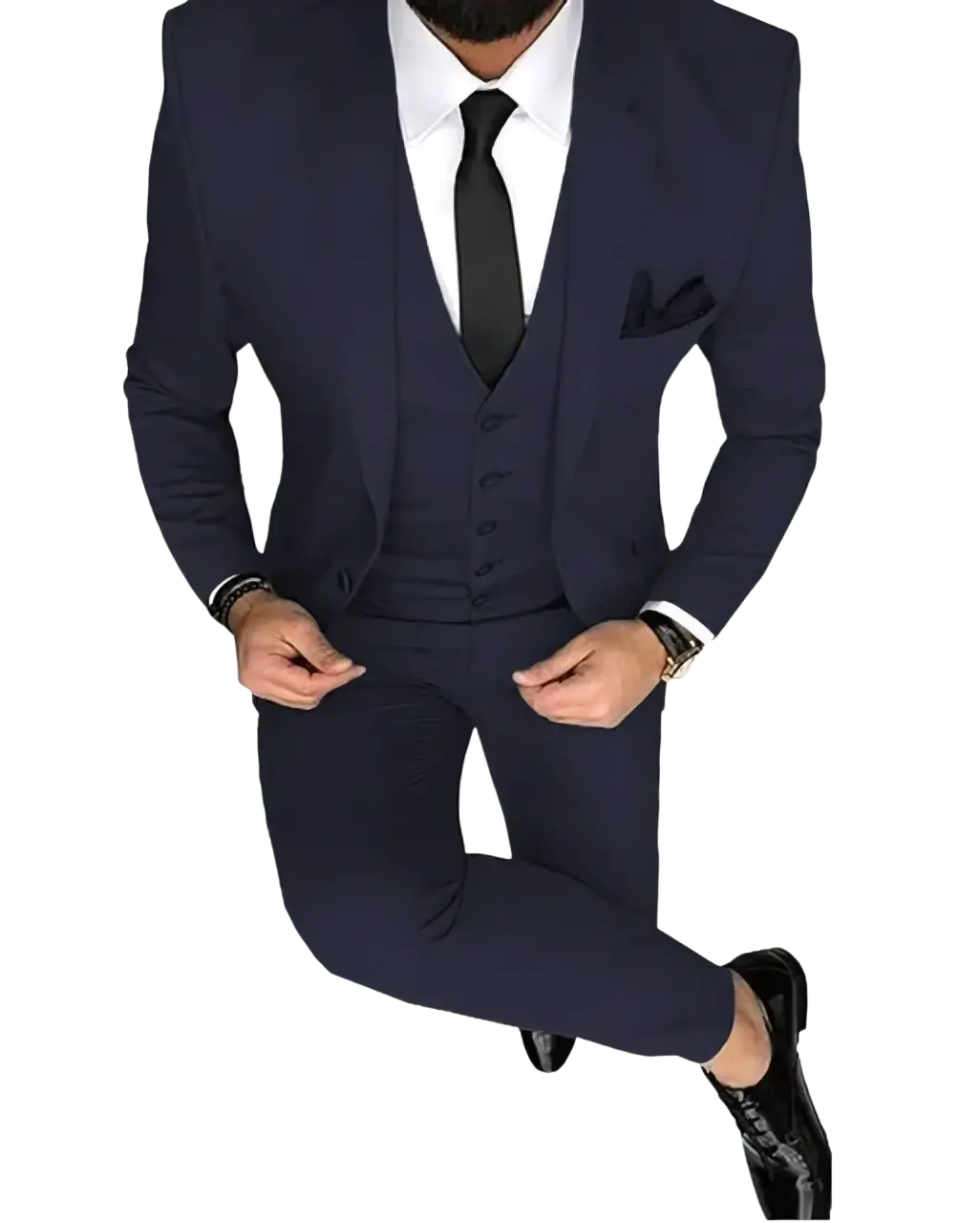 Men slim fit three-piece wedding suit in navy blue with matching vest and trousers featuring subtle textured fabric