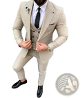 Men slim fit beige three-piece wedding suit with tailored fit single-breasted jacket and matching vest