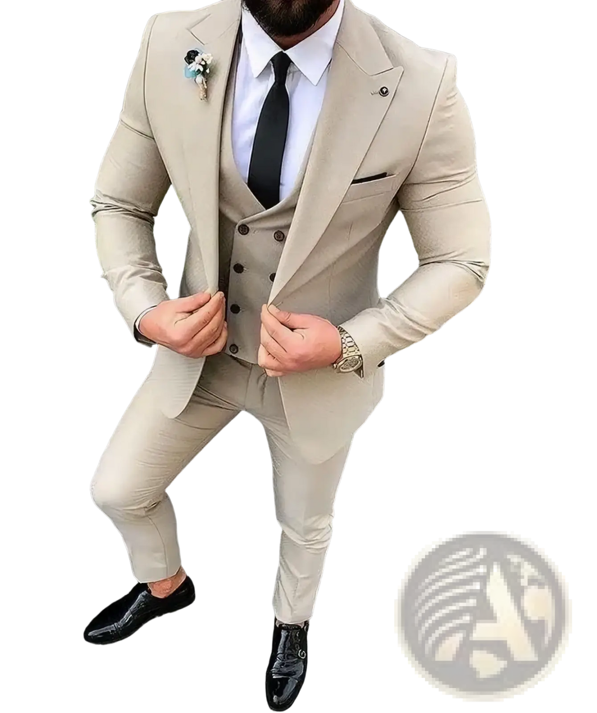 Men slim fit beige three-piece wedding suit with tailored fit single-breasted jacket and matching vest