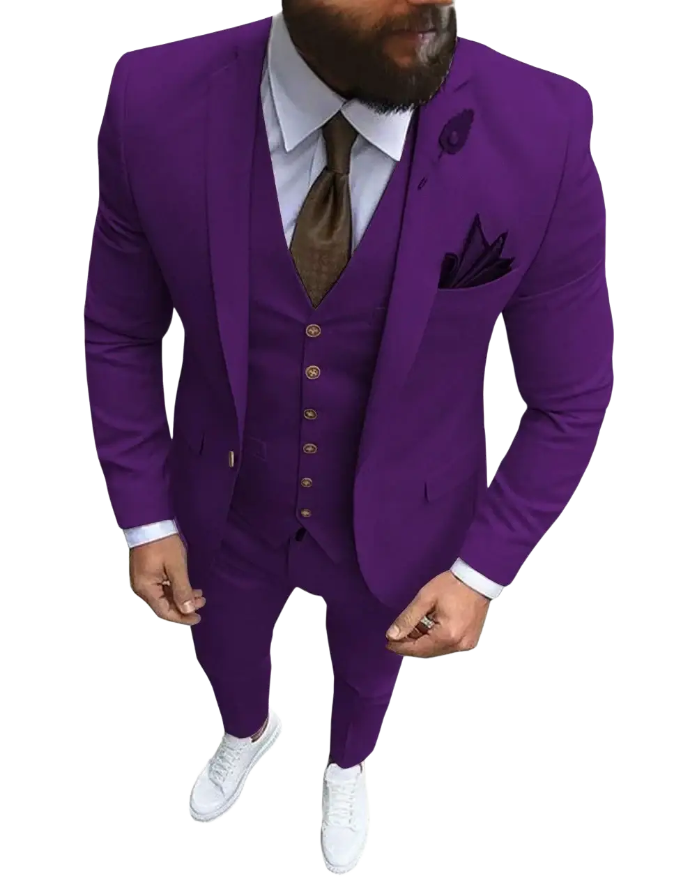 Men slim fit 3-piece wedding suit in purple with matching vest, gold buttons, trousers, and dark brown tie