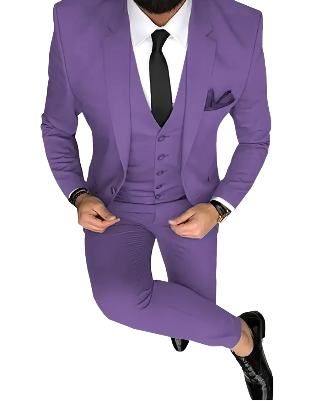 Men slim fit 3-piece wedding suit in purple with matching vest and trousers featuring a tailored fit and subtle texture