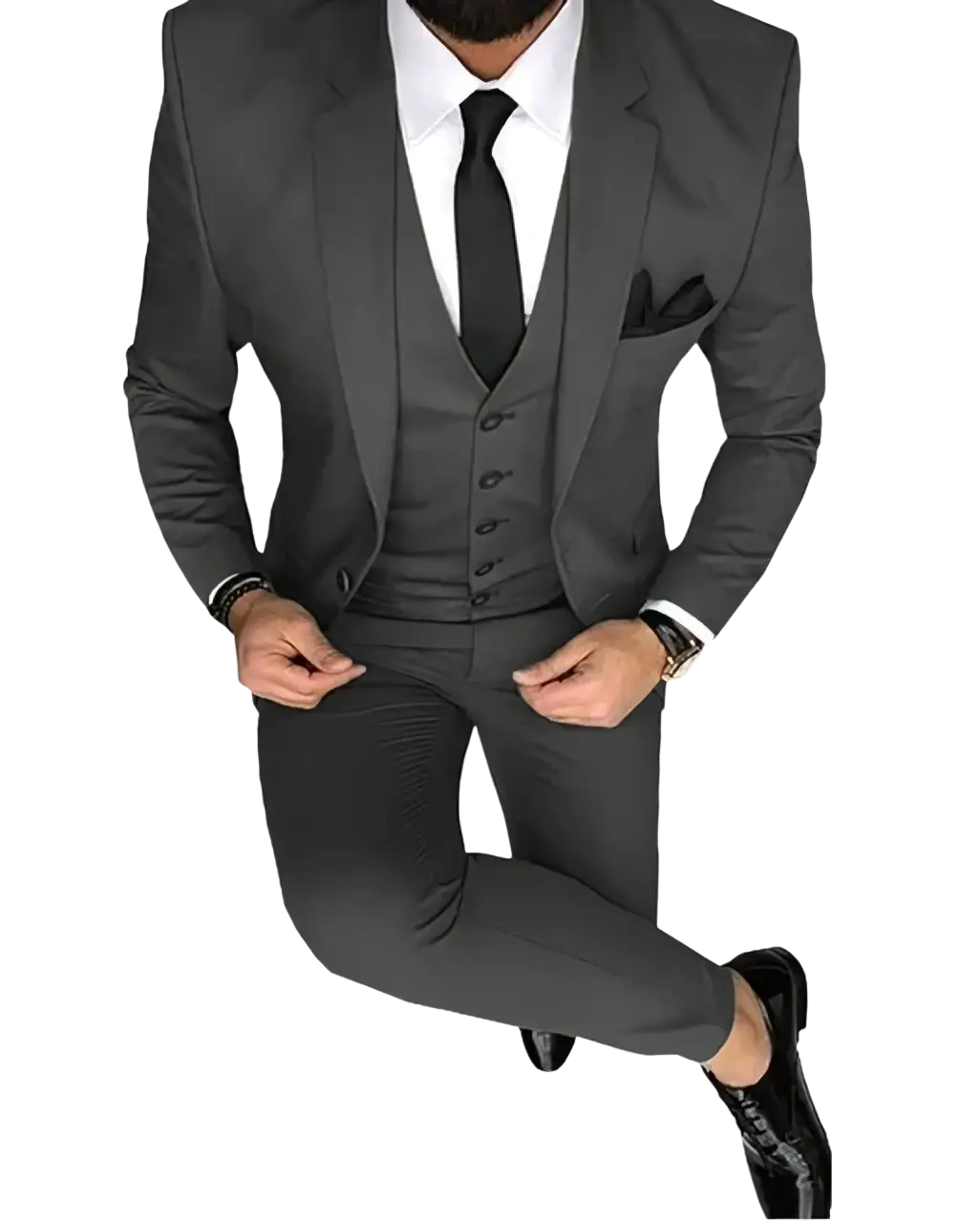 Men slim fit 3-piece wedding suit in sleek charcoal gray with tailored vest and trousers for formal occasions