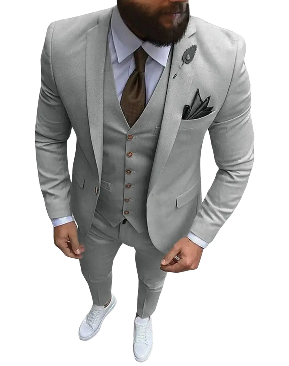 Men slim fit 3-piece wedding suit in sleek light gray with subtle texture and matching buttons