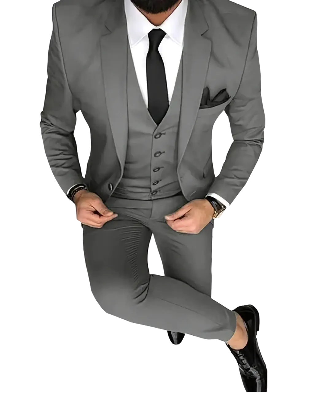 A sleek tailored gray slim fit three-piece wedding suit with matching vest and trousers for men