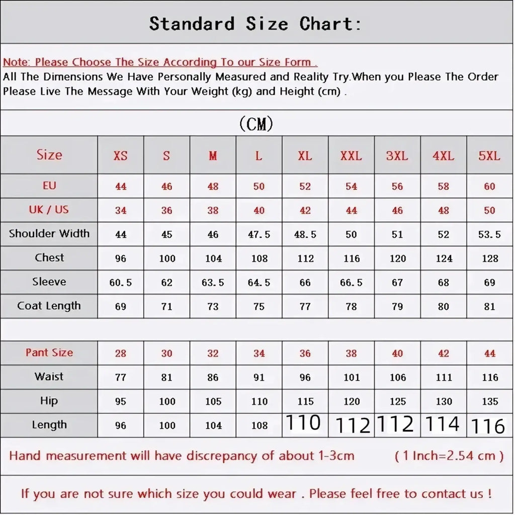 Standard size chart in centimeters for men slim fit 3-piece wedding suit ranging from xs to 5xl sizes