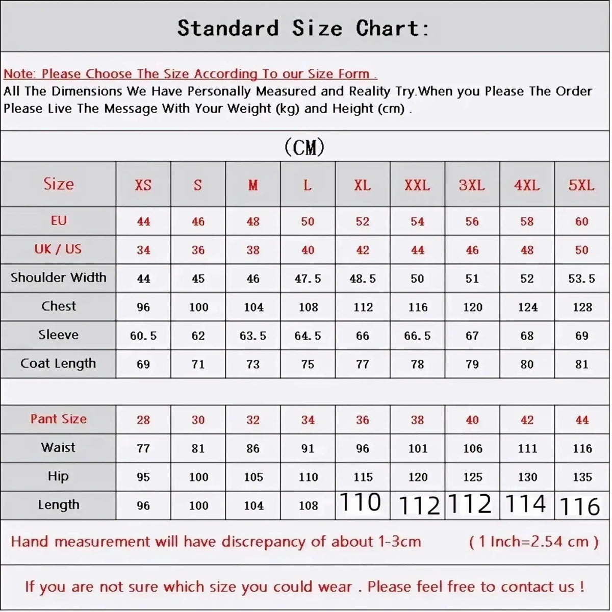 Standard size chart in centimeters for men slim fit 3-piece wedding suit ranging from xs to 5xl sizes