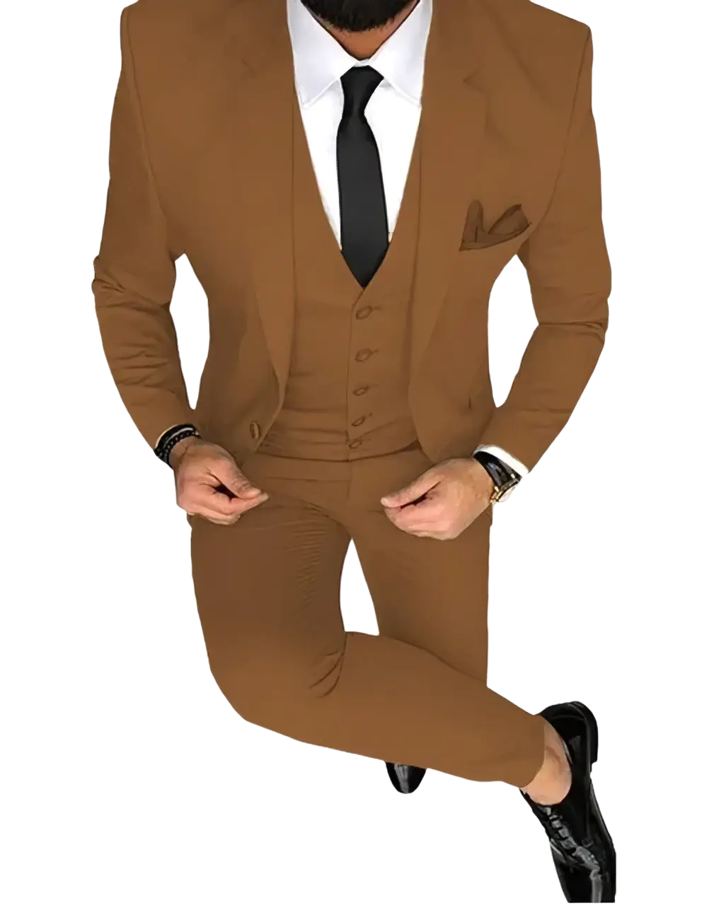 Men slim fit 3-piece wedding suit in tailored tan with matching vest and trousers, crisp white shirt, and black tie