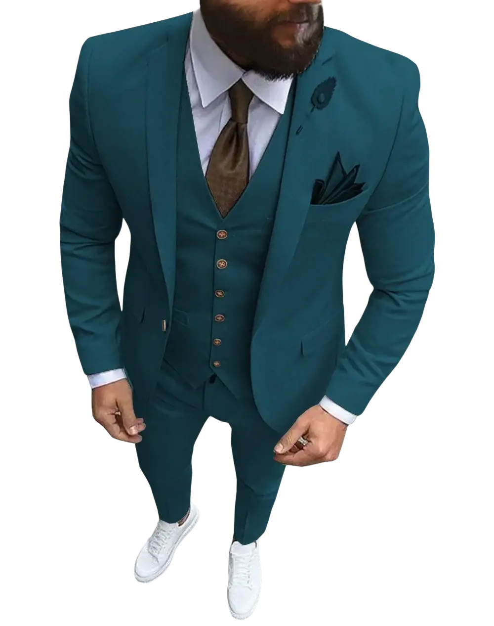 Men slim fit three-piece wedding suit in teal with matching vest trousers brown buttons and coordinating pocket square