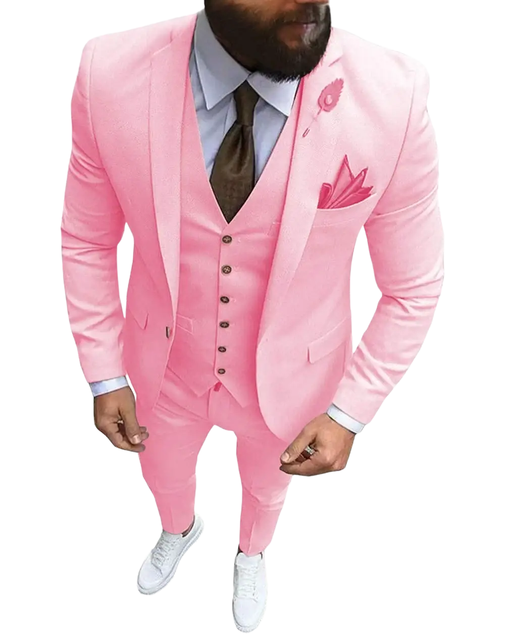 Men slim fit 3-piece wedding suit in vibrant pink with subtle sheen and matching floral pocket square