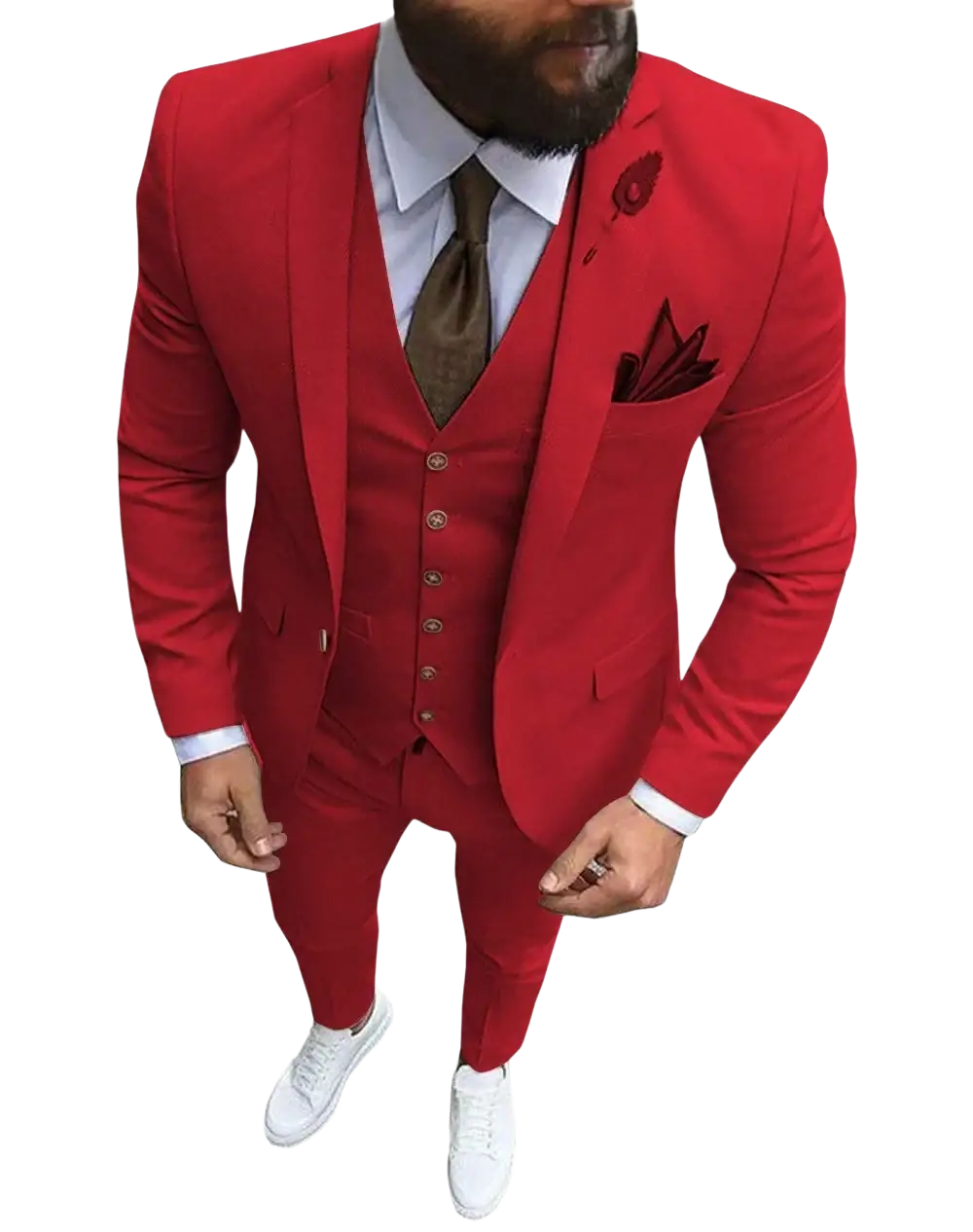 Men slim fit red three-piece wedding suit with tailored vest and trousers in smooth fabric