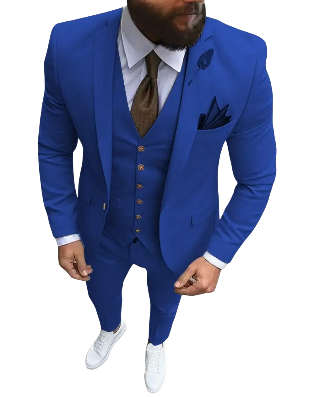 Men slim fit 3-piece royal blue wedding suit with matching vest and trousers featuring gold-toned buttons and white shirt