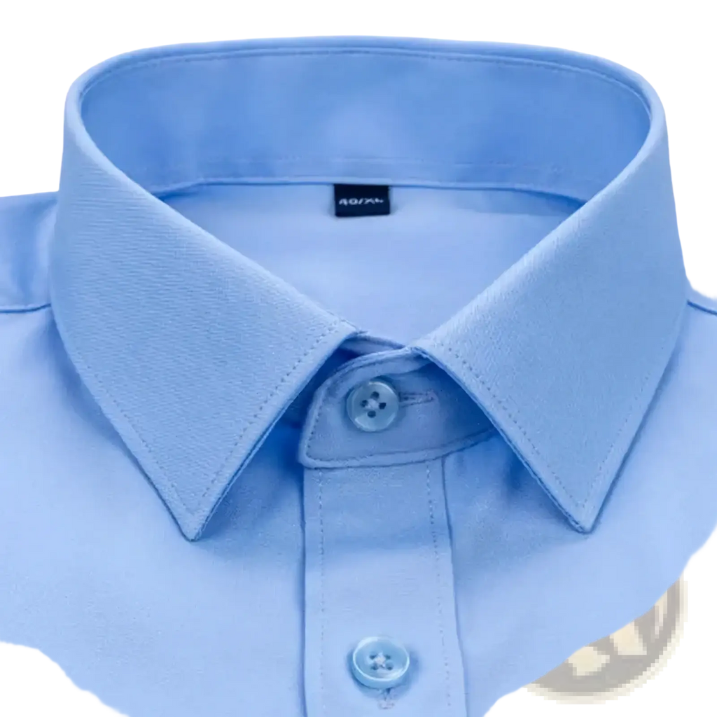 Men slim fit light blue anti-wrinkle dress shirt with crisp collar and matching buttons for formal occasions