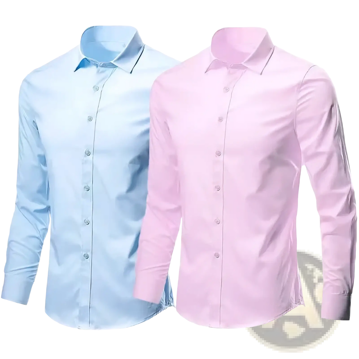 A pair of men slim fit anti-wrinkle dress shirts in pastel blue and pink made from smooth cotton fabric
