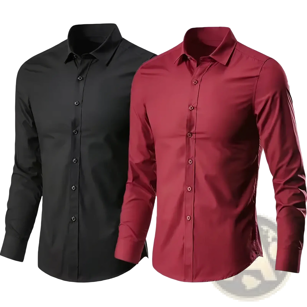 Men slim fit anti-wrinkle dress shirt in sleek black and rich burgundy with button-down collars and long sleeves