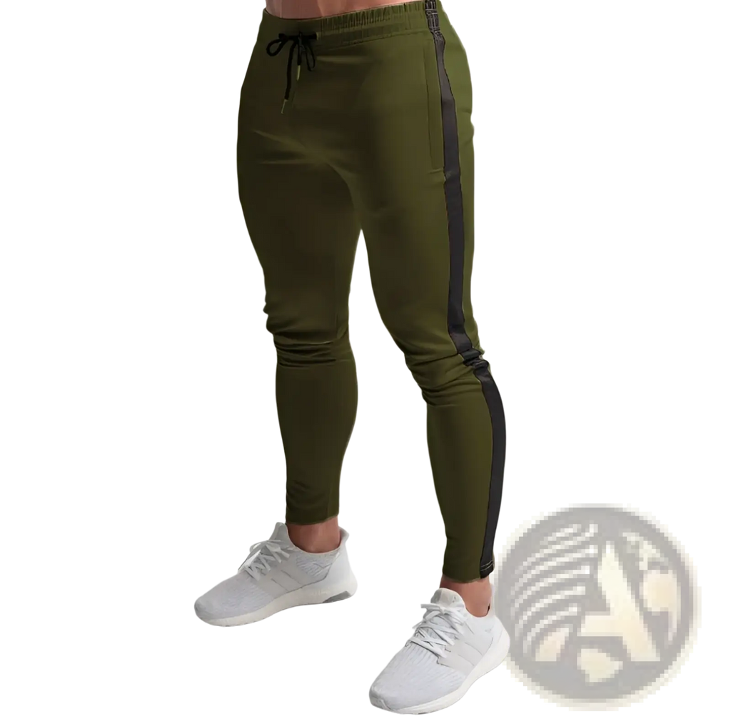 Men slim fit athletic joggers in olive green cotton with black side stripe and drawstring waistband for sports use