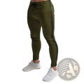 Men slim fit athletic joggers in olive green cotton with black side stripe and drawstring waistband for sports use