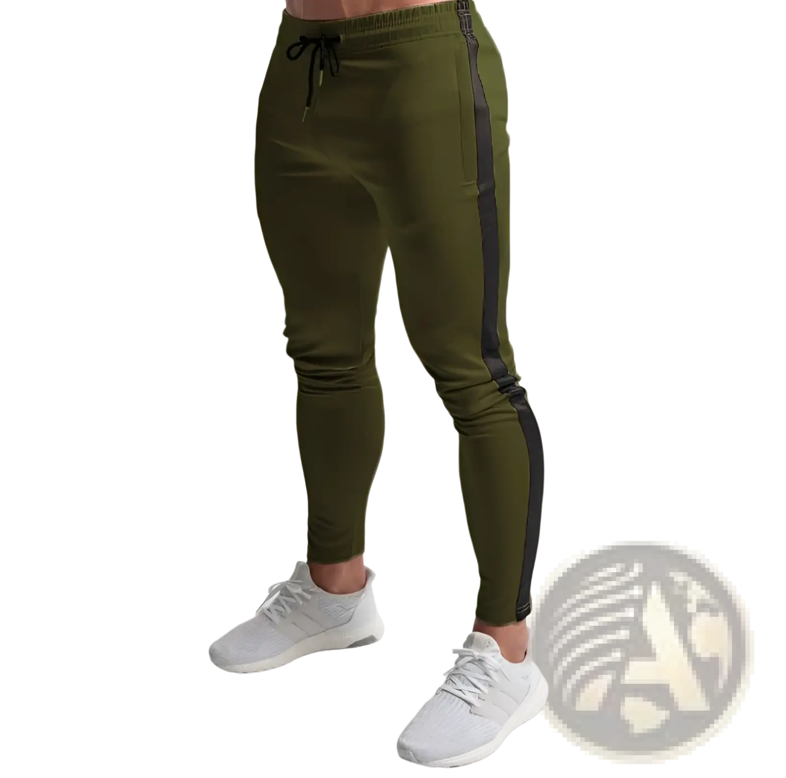 Men slim fit athletic joggers in olive green cotton with black side stripe and drawstring waistband for sports use
