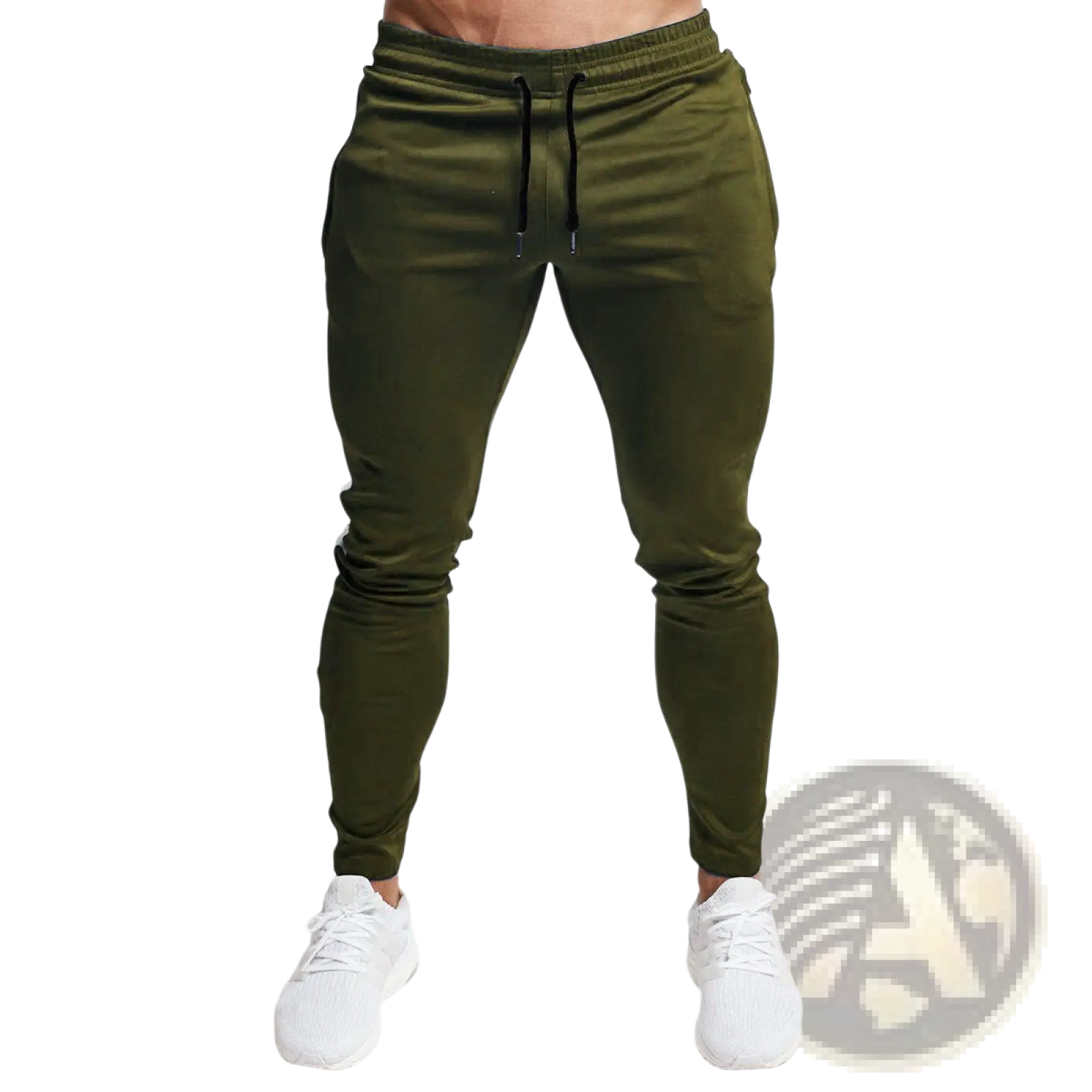Men slim fit athletic joggers in olive green cotton with black drawstrings and a tapered fit for sports use