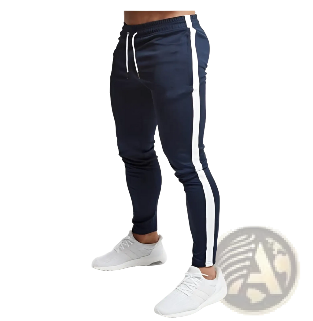 Men slim fit athletic joggers in navy blue cotton with white side stripe and matching drawstrings for sports use