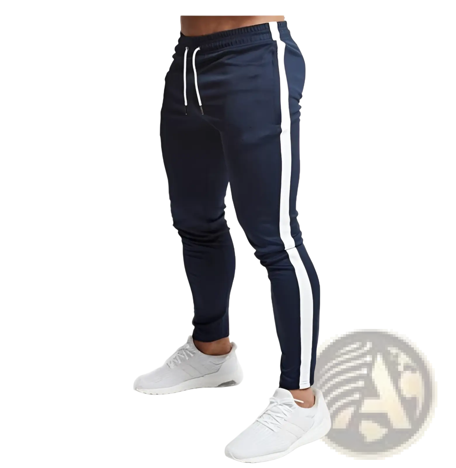 Men slim fit athletic joggers in navy blue cotton with white side stripe and matching drawstrings for sports use