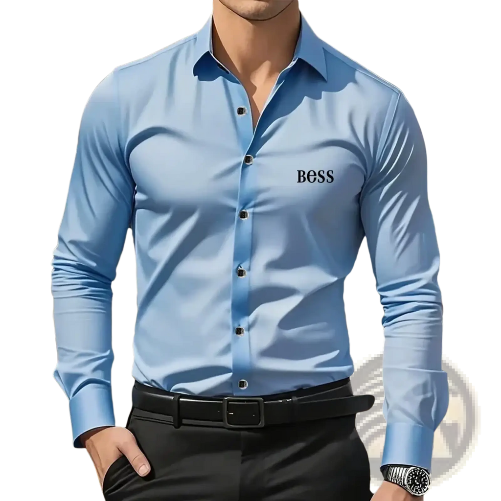 Men slim fit light blue long-sleeved business shirt with subtle sheen and black boss logo embroidered on left chest