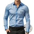 Men slim fit light blue long-sleeved business shirt with subtle sheen and black boss logo embroidered on left chest