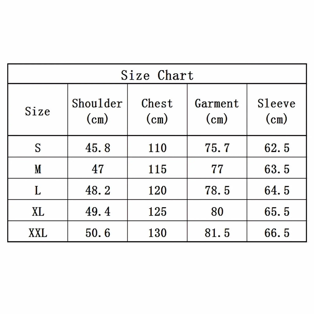 Size chart table showing shoulder chest garment length and sleeve measurements in centimeters for men slim fit business shirt sizes s to xxl