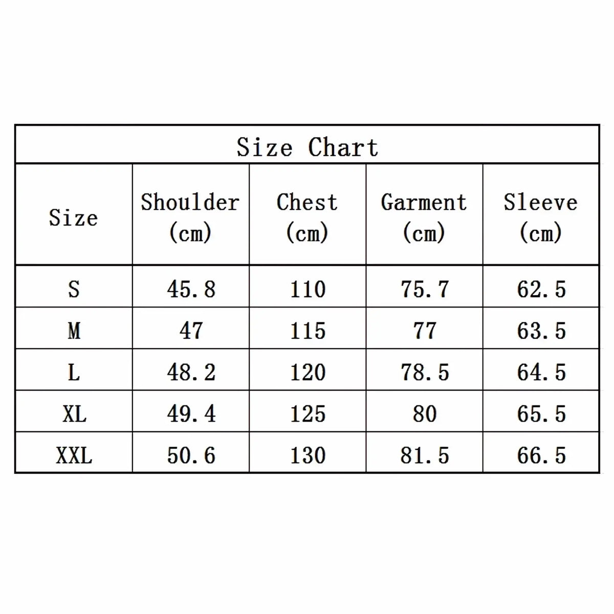 Size chart table showing shoulder chest garment length and sleeve measurements in centimeters for men slim fit business shirt sizes s to xxl