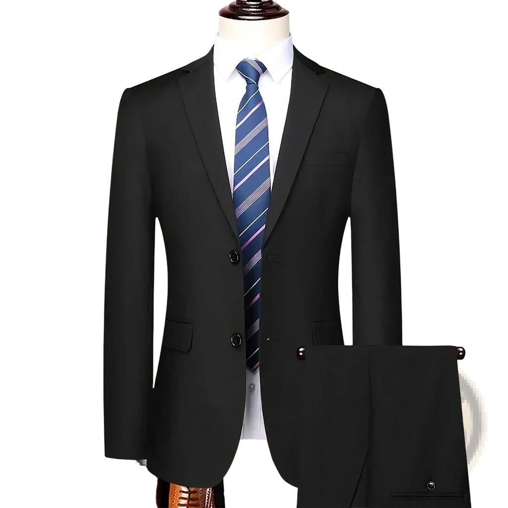 Men slim fit business suit blazer and pants in black tailored fabric with notched lapels and two front buttons