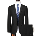Men slim fit business suit blazer and pants in black tailored fabric with notched lapels and two front buttons
