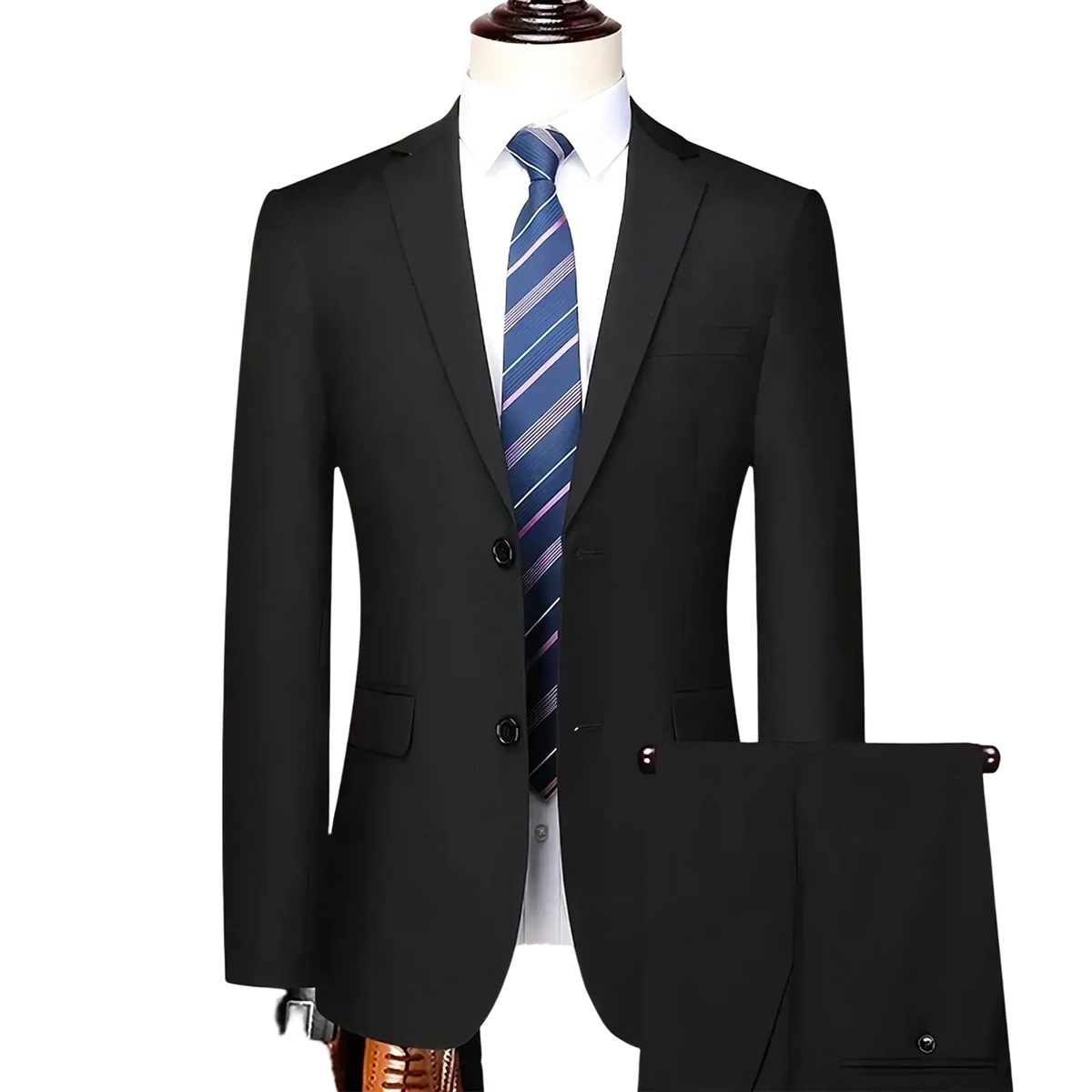 Men slim fit business suit blazer and pants in black tailored fabric with notched lapels and two front buttons