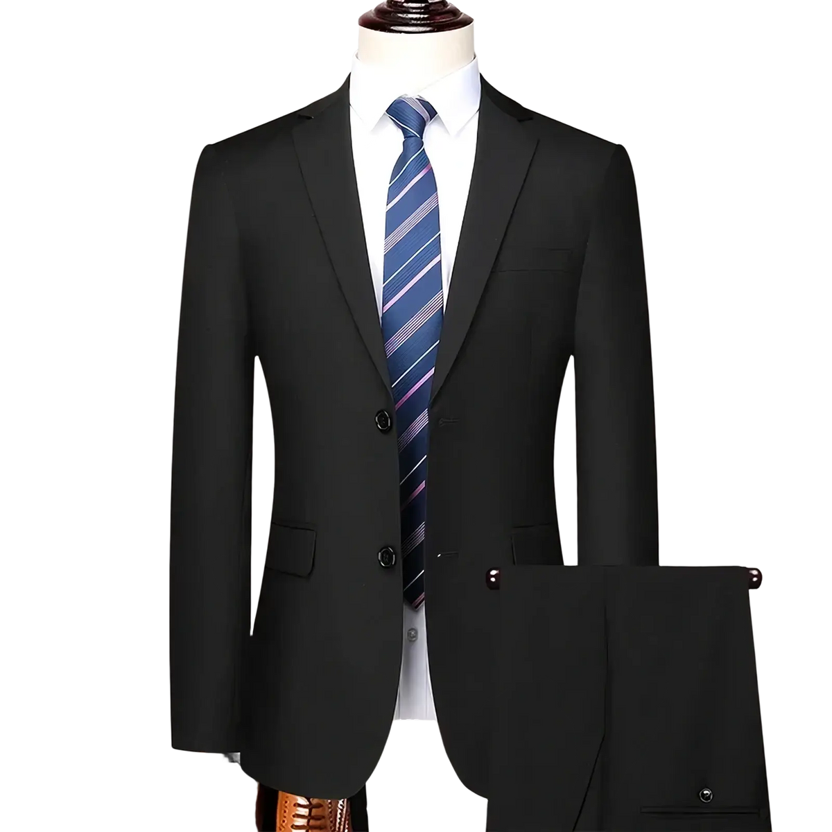 Men slim fit business suit blazer and pants in black tailored fabric with notched lapels and two front buttons