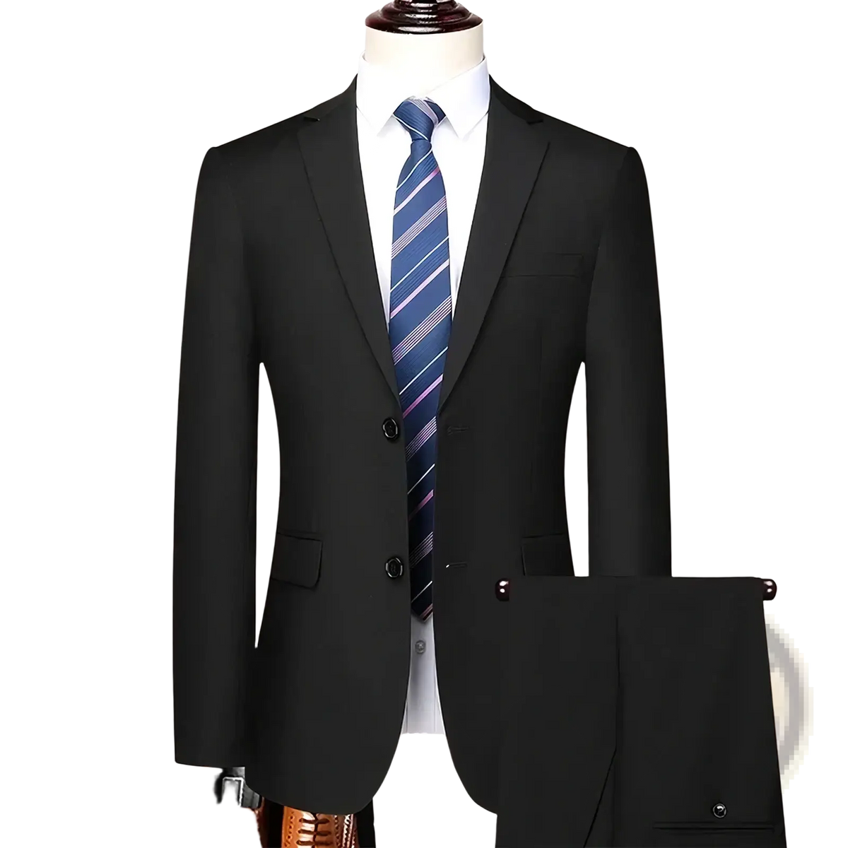 Men slim fit business suit blazer and pants in black tailored fabric with notched lapels and two front buttons