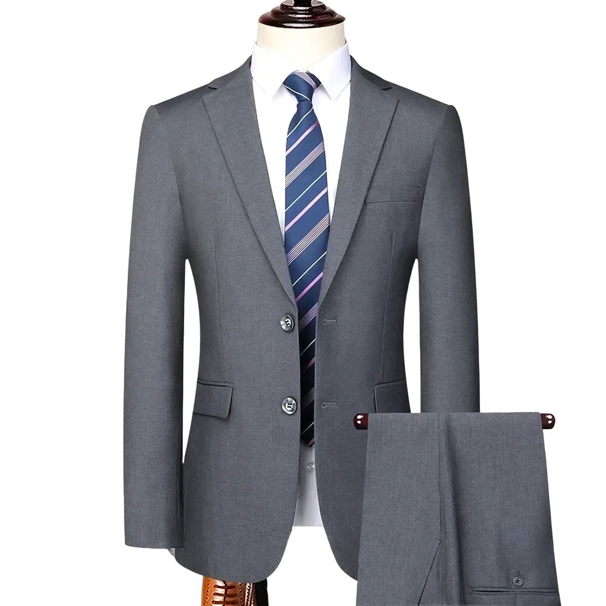Men slim fit business suit gray textured wool blazer and matching trousers paired with white dress shirt and striped tie
