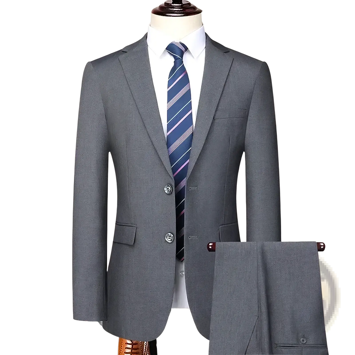 Men slim fit business suit gray textured wool blazer and matching trousers paired with white dress shirt and striped tie