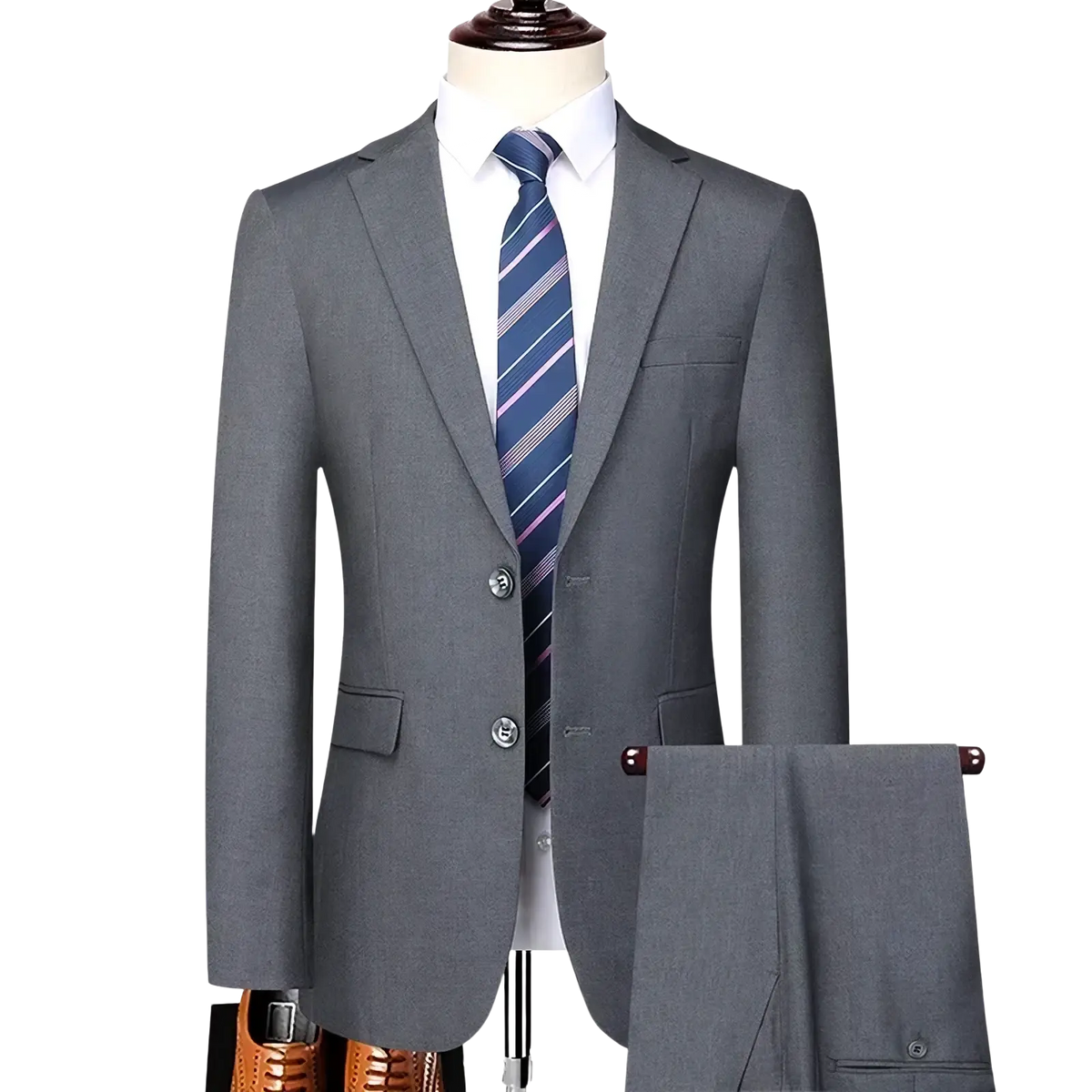 Gray two-piece slim fit business suit with subtle textured weave featuring notched lapel blazer and matching trousers