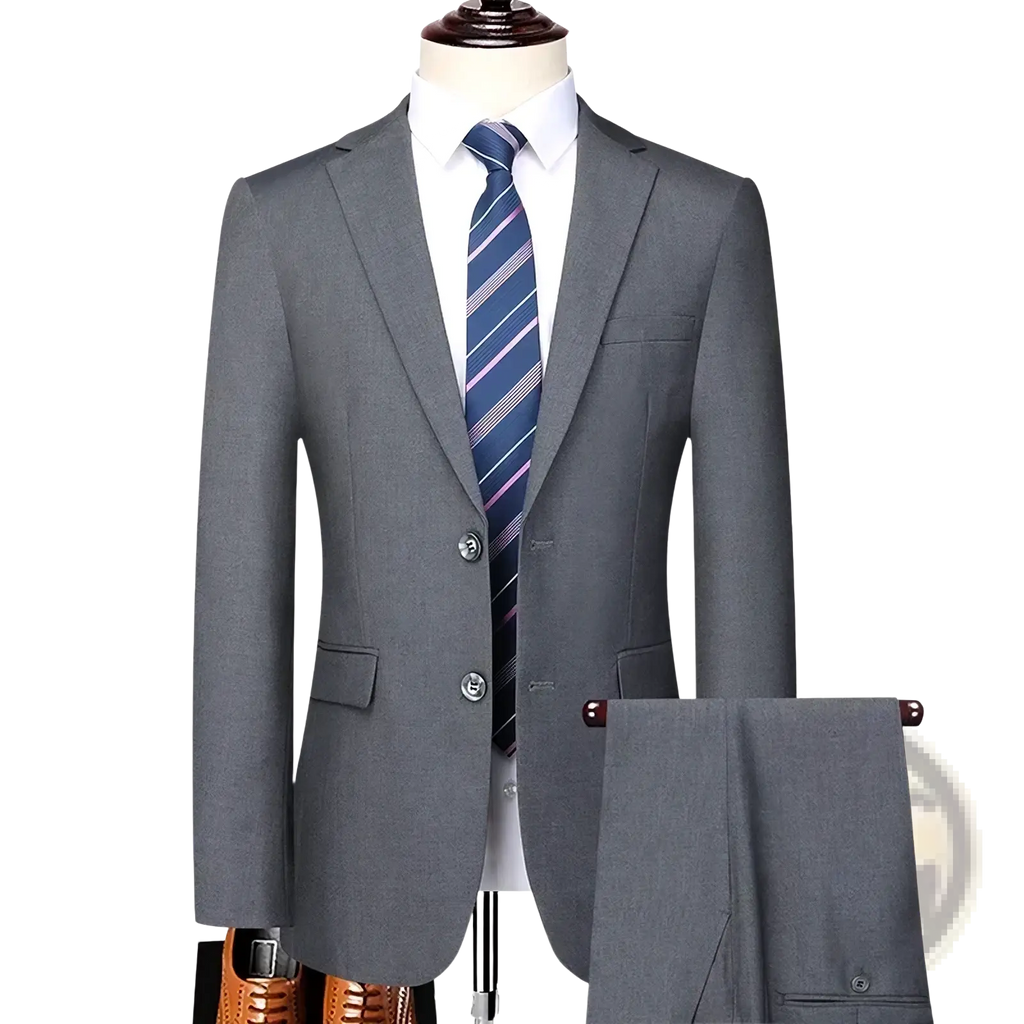 Gray two-piece slim fit business suit with subtle textured weave featuring notched lapel blazer and matching trousers