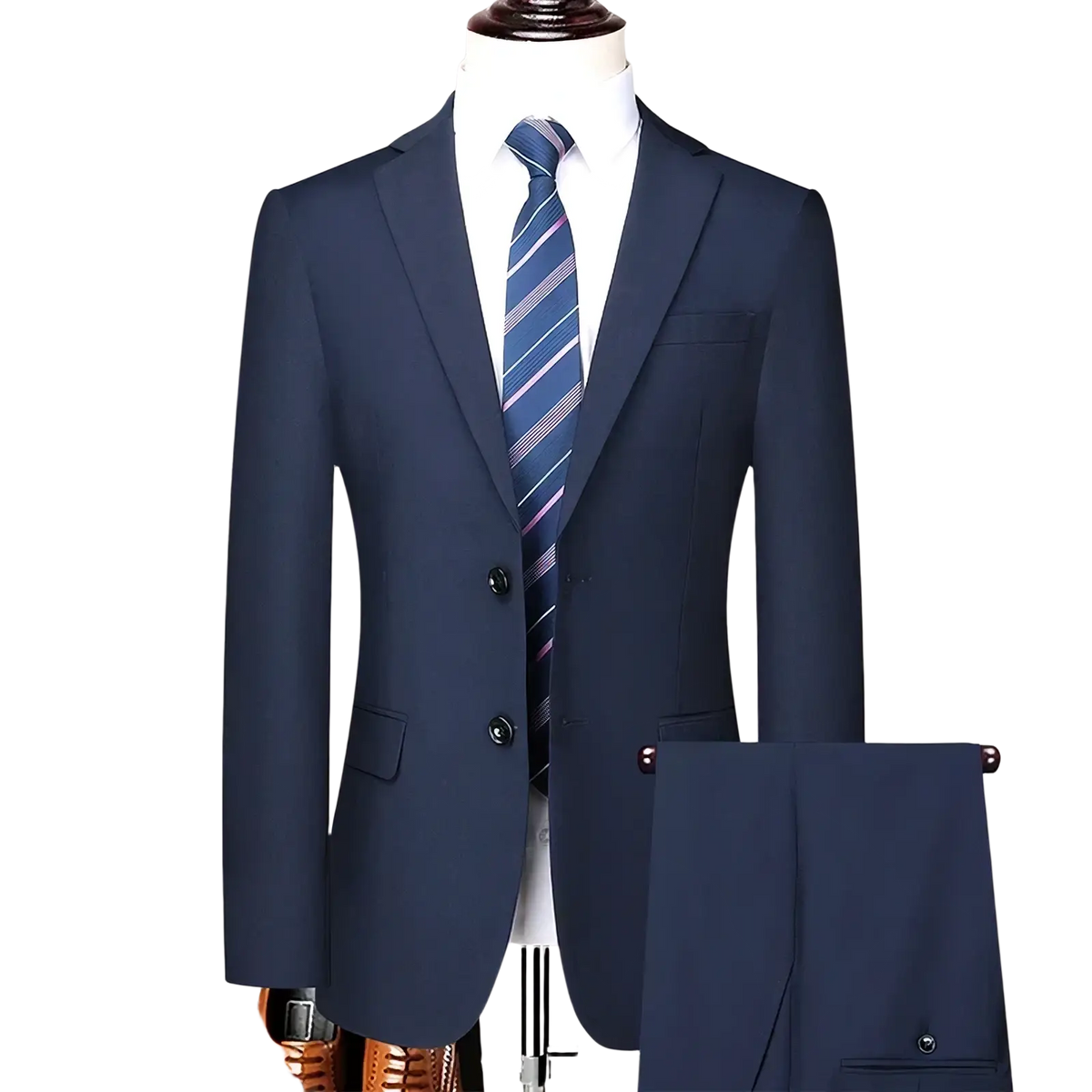 Navy blue men slim fit business suit blazer and pants with matching striped tie in tailored fabric for formal wear