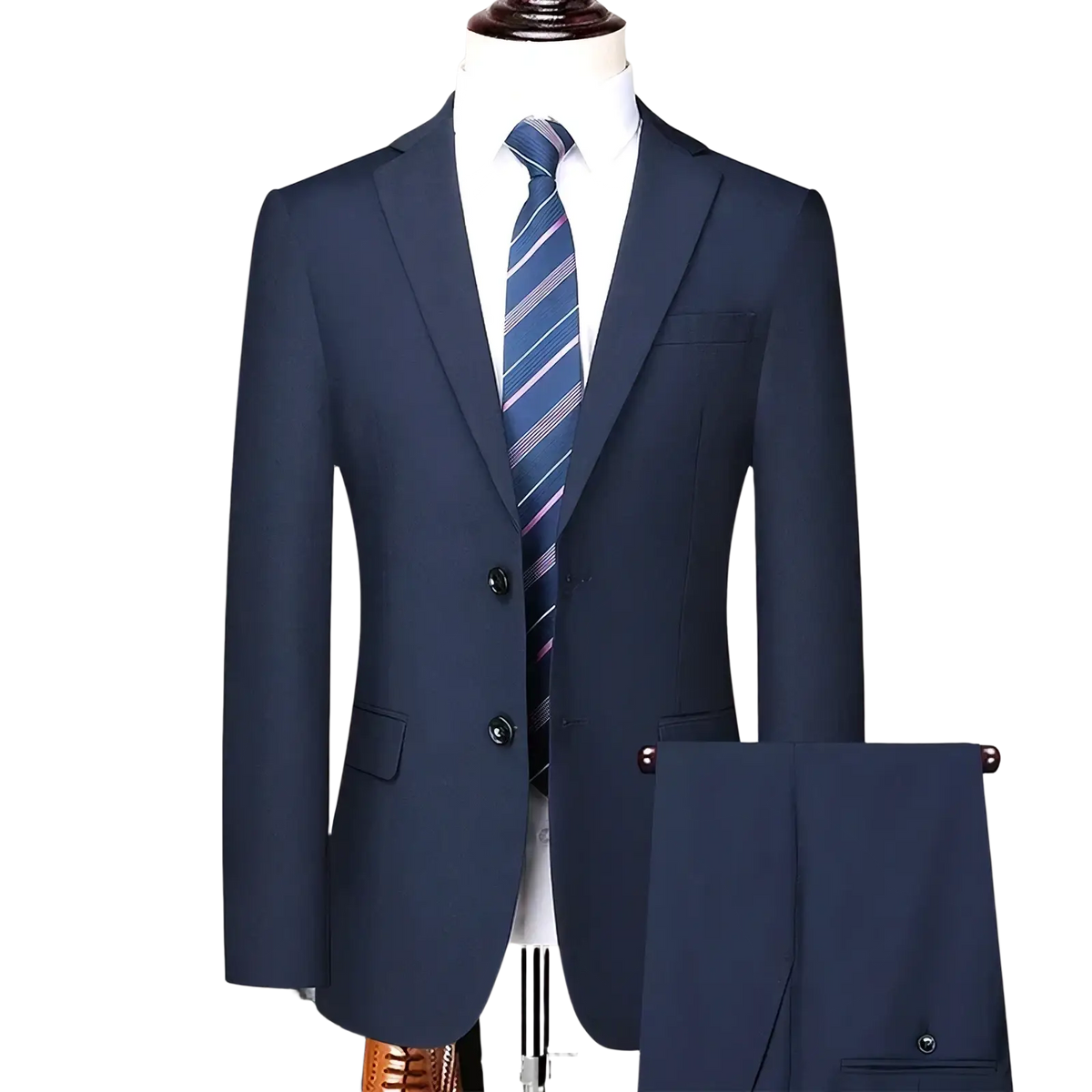 Navy blue men slim fit business suit blazer and pants with matching tie and white shirt displayed on mannequin