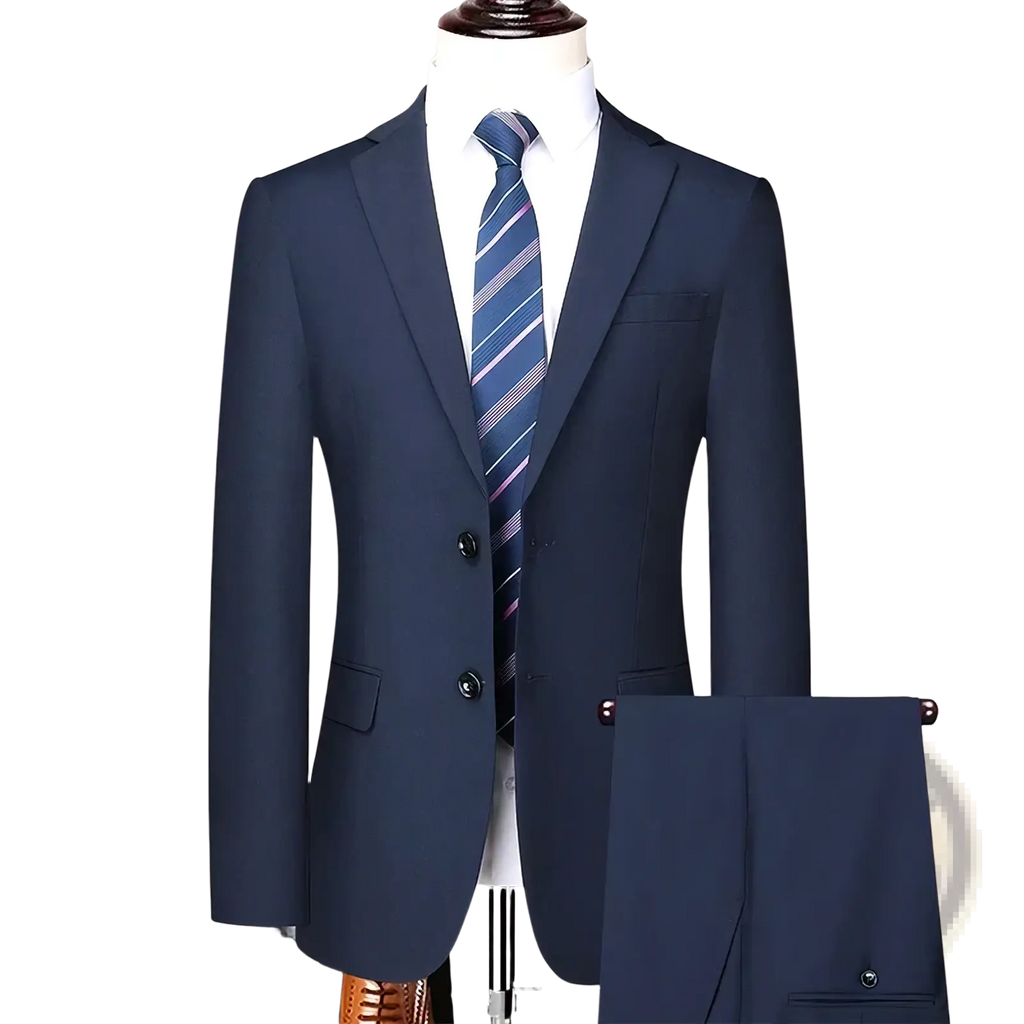 Navy blue men slim fit business suit blazer and pants with matching tie and white shirt displayed on mannequin