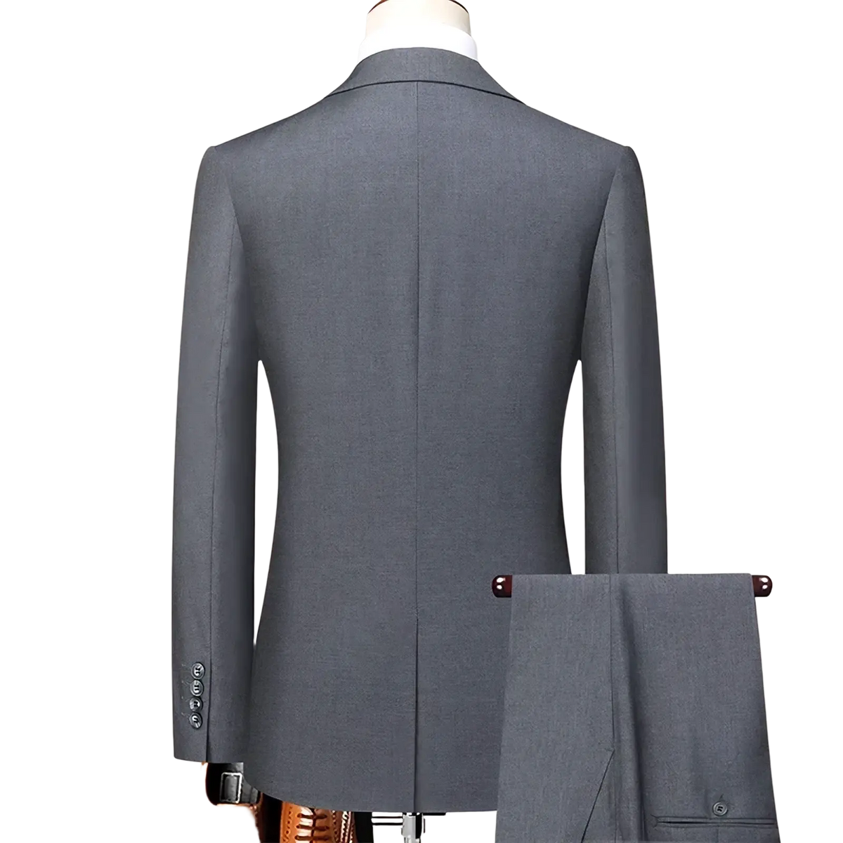 Men slim fit business suit with a tailored gray textured weave blazer and matching trousers on a mannequin