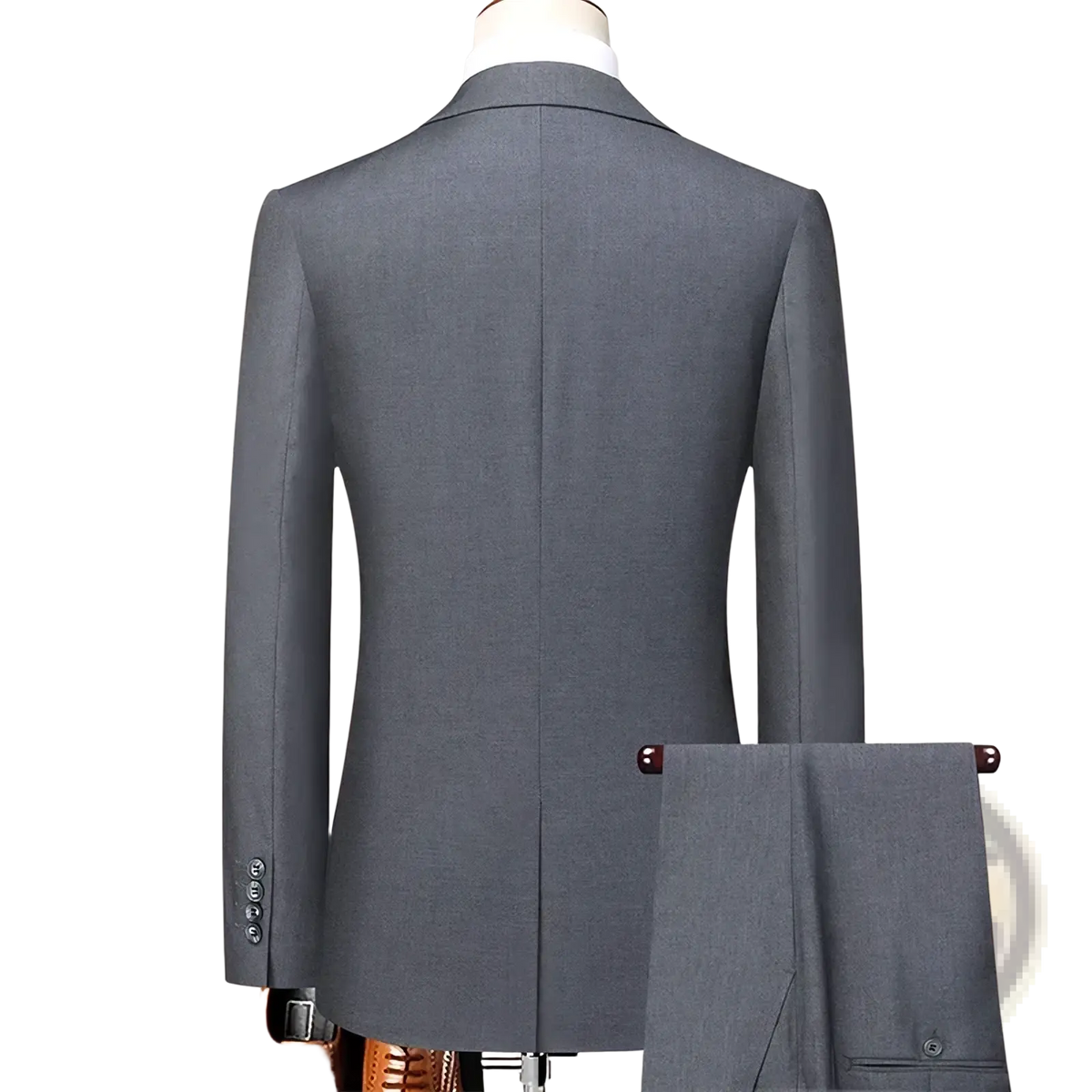 Men slim fit business suit with a tailored gray textured weave blazer and matching trousers on a mannequin