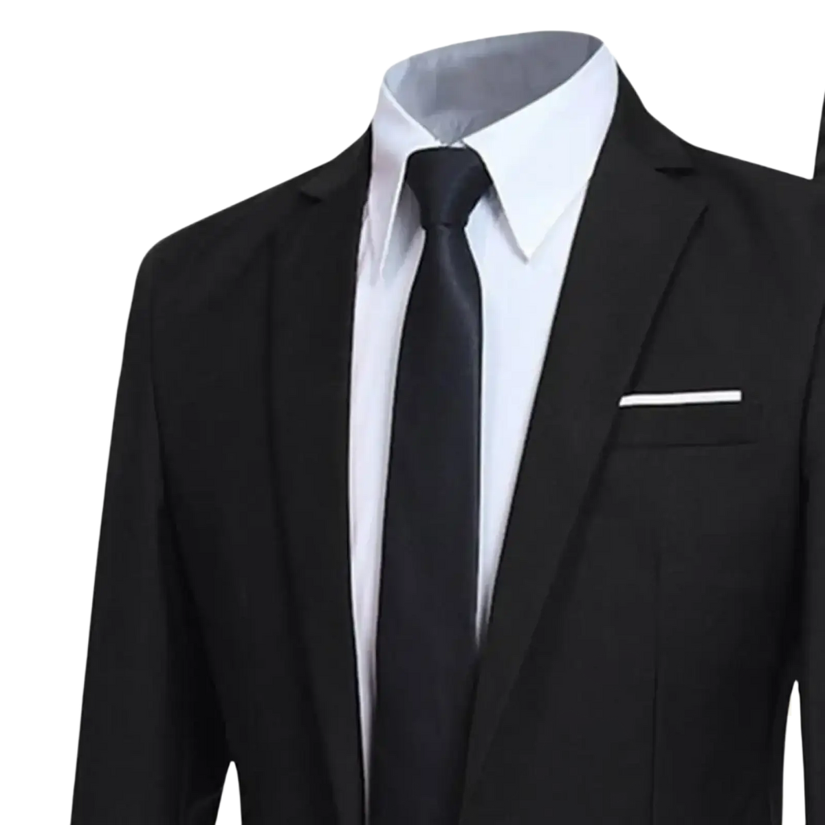 Black satin tie with sleek smooth texture and subtle sheen paired with men slim fit business suit set formal blazer and trousers