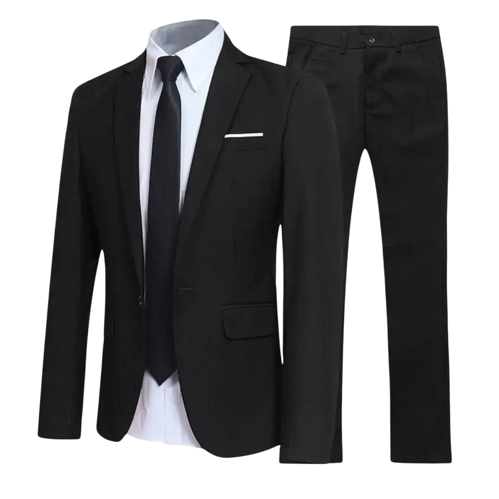 Men slim fit business suit set featuring a black tailored suit jacket with notched lapels and white pocket square paired with trousers