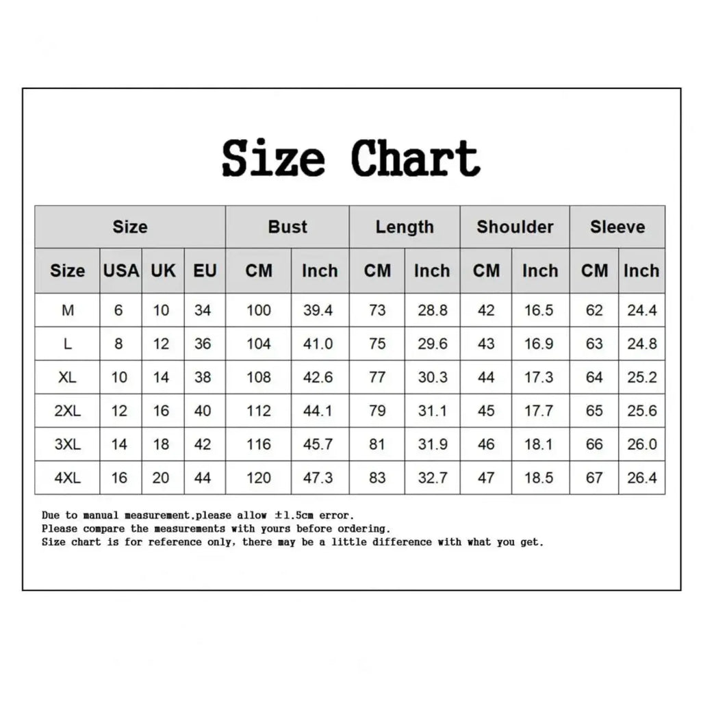 Black and white size chart with measurements in multiple units for men slim fit business suit set formal blazer and trousers