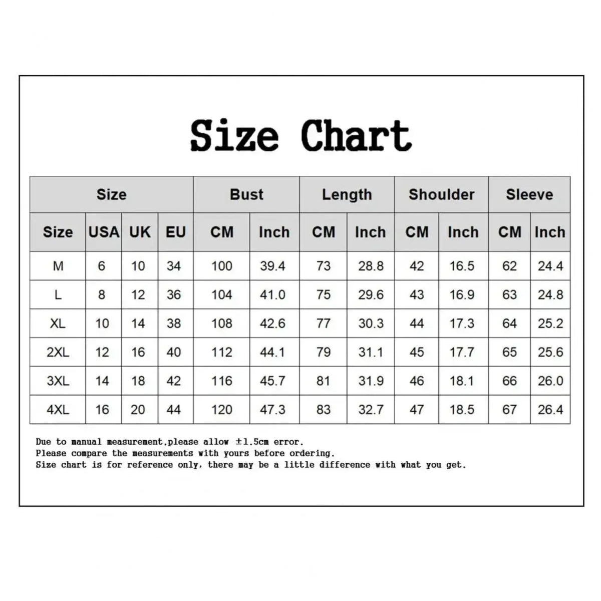 Black and white size chart with measurements in multiple units for men slim fit business suit set formal blazer and trousers