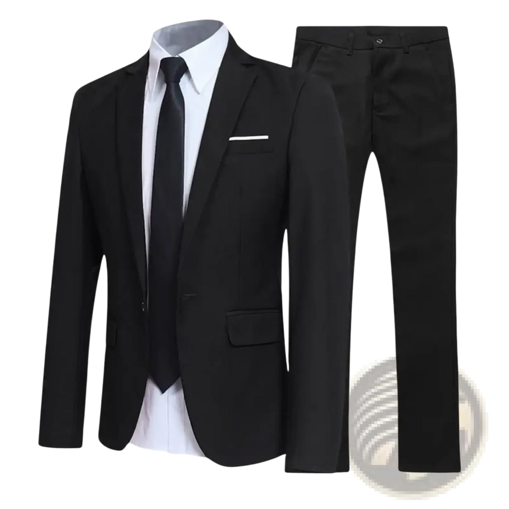 Men slim fit business suit set featuring a black tailored suit jacket with notched lapels and white pocket square paired with trousers