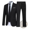 Men slim fit business suit set featuring a black tailored suit jacket with notched lapels and white pocket square paired with trousers